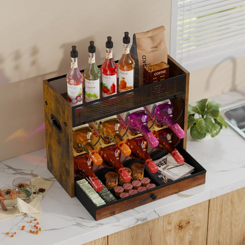 MYFEST 3-Tier Countertop Counters, 18 Wine Rack, Coffee Syrup Rack Organizer With Drawer for Coffee Bar, Tabletop