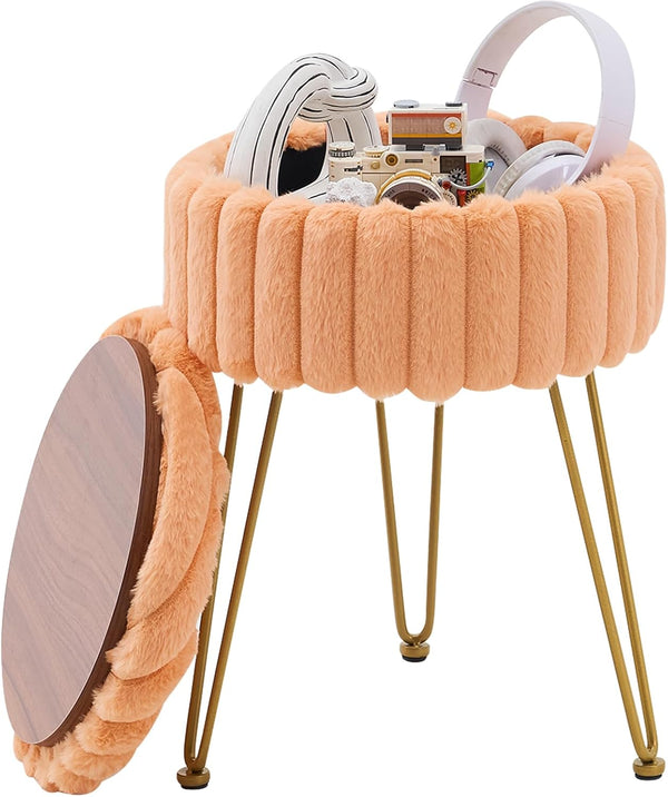 Wimarsbon Vanity Stool with Storage, Faux Fur Ottoman Chair with Metal Legs,