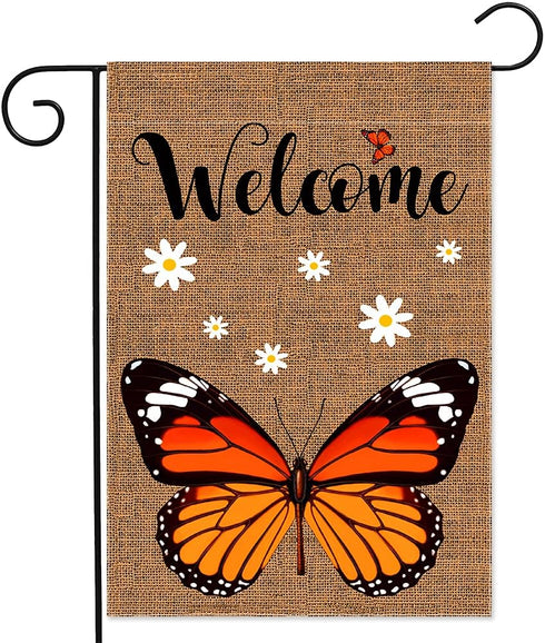 Welcome Monarch Butterfly Garden Flag | Double Sided Burlap Vertical Yard Flags for Personalized Decor 12.5x18 Inch
