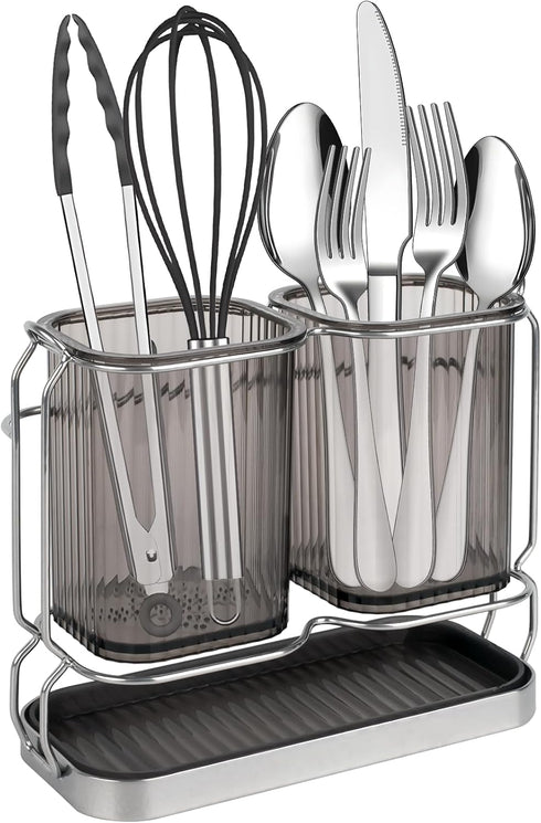 Utensil Holder for Kitchen Counter, Plastic Cooking Organizer with Drain Tray, Large Crock for Spatula Spoon, Modern