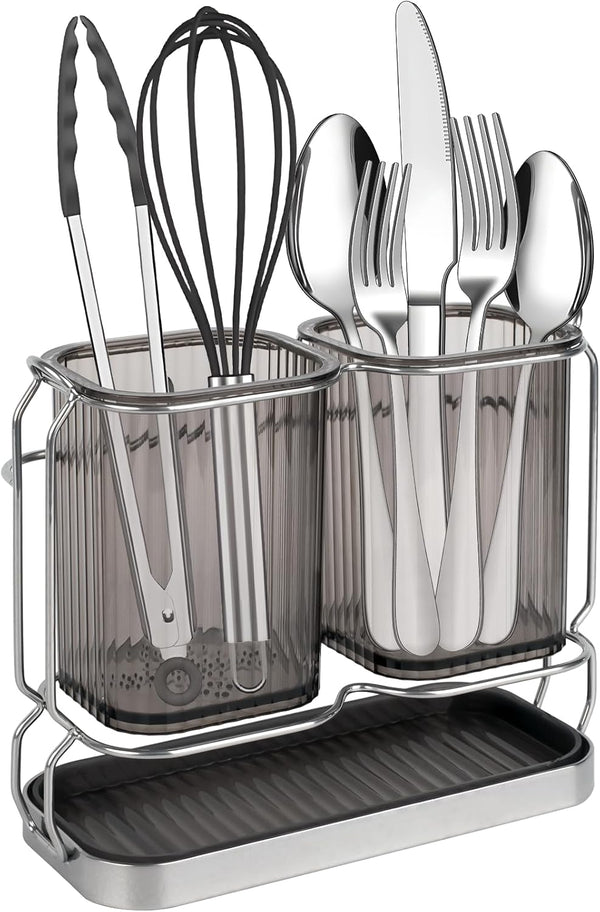 Utensil Holder for Kitchen Counter, Plastic Cooking Organizer with Drain Tray, Large Crock for Spatula Spoon, Modern