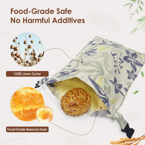 Holaraon 1 Reusable Beeswax Bread Bags for Homemade, Natural Linen Sourdough Bread Storage Bag with Buckle, Large