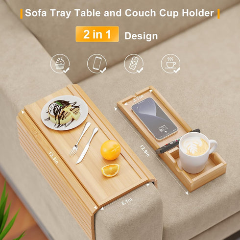 Bamboo Sofa Armrest Tray, Couch Arm Tray with Detachable Cup Holder and Anti-Slip Foldable Table Tray