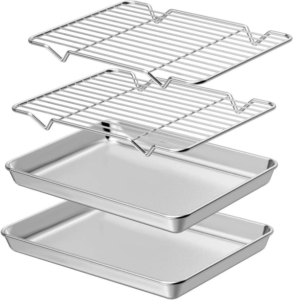 Wildone Baking Sheet with Rack Set, 2 Sheets + 2 Racks, Stainless Steel Cookie Pan, Non Toxic, Heavy Duty, Easy Clean