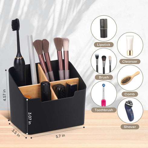 Black Toothbrush Holders for Bathrooms, Electric Toothbrush and Toothpaste Caddy with Bamboo Divider for Countertop