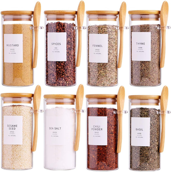 8 Pcs Glass Containers with Bamboo Lids and Spoons - 10 oz