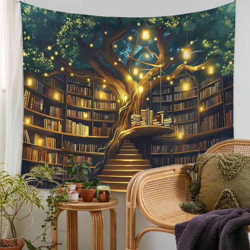 36"x48" Jhdstore Tree of life Tapestry Wall Hanging Fantasy Library Tapestry for Bedroom Mysterious Tree Bookshelf