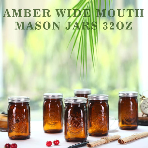 eleganttime 32 oz Amber Glass Mason Jars Wide Mouth with Airtight Lids and Bands, 6 Pack for Canning, Pickle, Fermenting