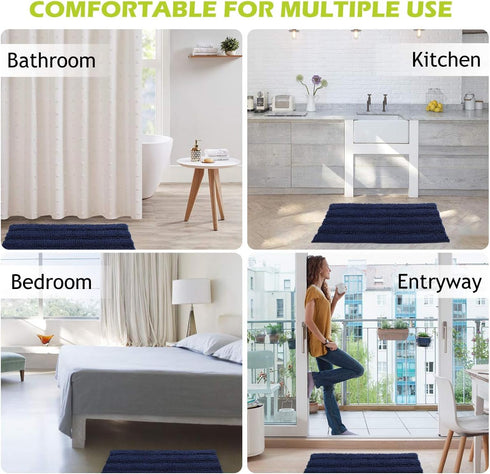 Small Bathroom Rugs - Non Skid Washable Microfiber Kitchen Mats for Indoor Outdoor Bath Shower, Navy Blue, 20" W x 32"