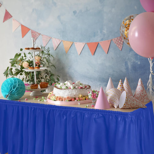 DecorRack Table Skirt, 29 in x 14 ft - BPA Free Plastic Disposable, Reusable Rectangular Tablecloth Skirt, Royal Blue