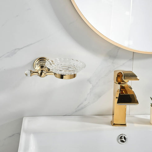 WOLIBEER Crystal Soap Dish Holder, Polished Gold Shower Soap Holder Stainless Steel Soap Saver Tray for Bathroom Wall