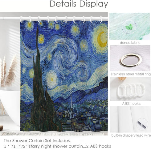 IcosaMro Starry Night Shower Curtain with Hooks, V. Gogh Stars Art Decorative Bath Decorations - 71Wx72L, Blue