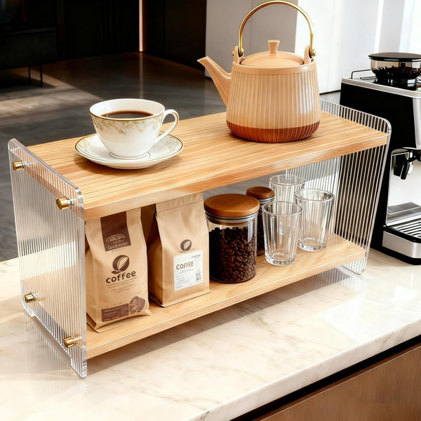 Coffee Station Organizer 2 Tier, Solid Wood Mug Shelffor Coffee Bar,Matcha Station,Tea