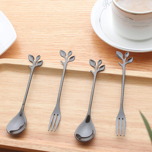 Appetizer Cake Fruit Forks Set of 6, Black Leaf Cocktail Picks for Tasting Dessert, Kitchen Accessory for Parties