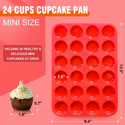Walfos Mini Silicone Muffin Pan - 24 Cups, Non-stick Baking Pan, BPA Free and Dishwasher Safe