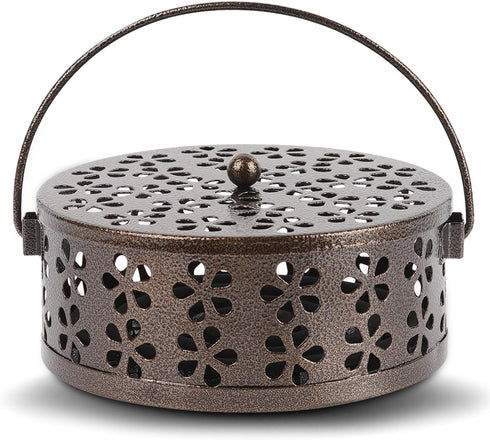 Retro Round Portable Iron Mosquito Coil Holder with Handle, Fireproof Incense Holder for Home Office