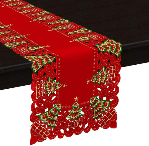 Grelucgo Embroidered Christmas Holiday Holly Tree Table Runner, Rectangular 16 x 54 Inch
