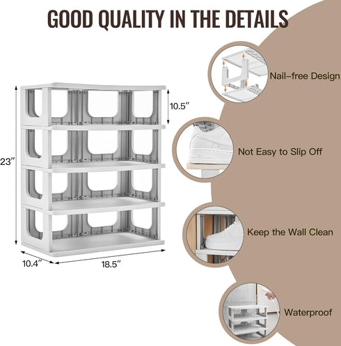 TRZZ 5-Tier Narrow Shoe Rack, Height-Adjustable Shoe Organizer for Closet, Entryway, Small Space, Grey Plastic