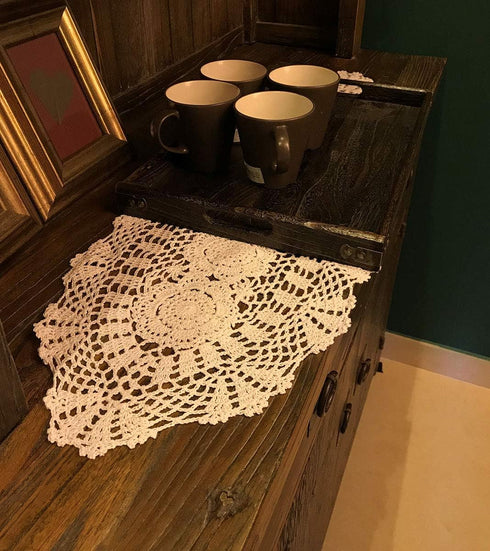 Beige Handmade Crochet Cotton Table Runner, Lace Doilies Oval Dresser Scarves, 11.8 by 35 Inches