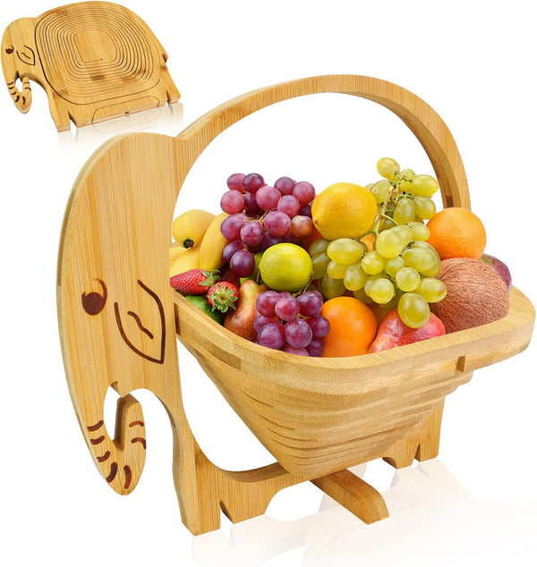 MYOSOTIS Foldable Fruit Basket, Collapsible Bamboo Fruit and Veggie Basket for Christmas Holiday Party (Elephant)