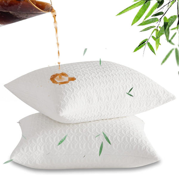 Waterproof Pillow Protector with Zipper, Bamboo Derived Rayon Pillow Covers, Queen Cooling Pillow Case Cover, Set of 2