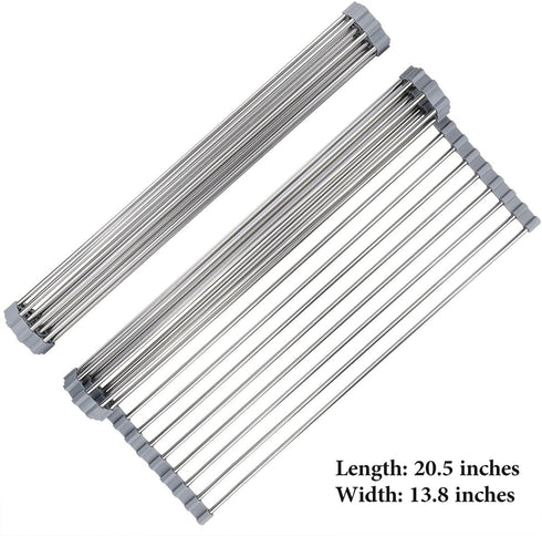 Roll Up Dish Drying Rack 20.5"x13.8" - Stainless Steel and Silicone Over The Sink Foldable Drain Rack, Gray