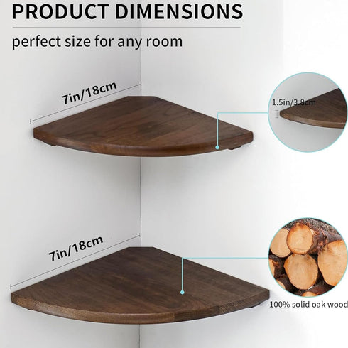 Set 2 7inch Corner Shelves, Floating Corner Shelf, of Solid Oak Wood Corner Wall Shelves, Round End with Wire Hole