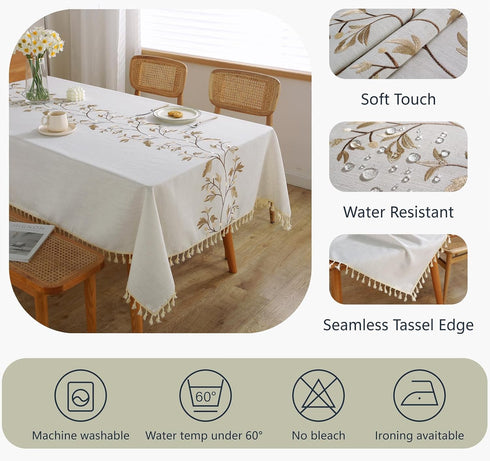 55 75 Inch, Alsoo Embroidered Tablecloth Rectangle x Farmhouse Otanical Floral Table Cloth Waterproof Washable Cotton