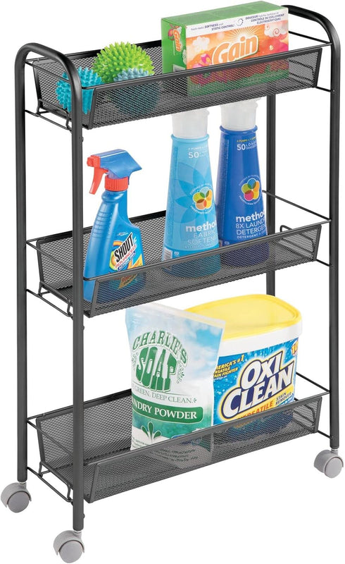 mDesign Steel Rolling Utility Cart with 3 Basket Shelves - Storage Organizer Trolley for Bathroom, Garage, Laundry Room