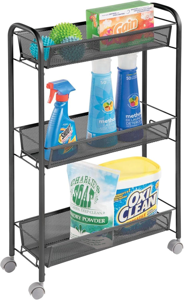 mDesign Steel Rolling Utility Cart with 3 Basket Shelves - Storage Organizer Trolley for Bathroom, Garage, Laundry Room