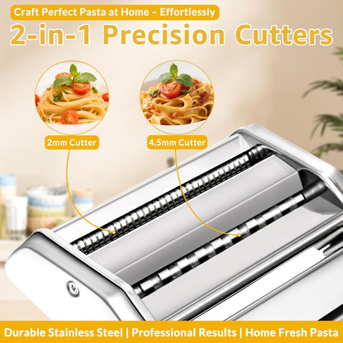 7 Settings 2-in-1 Pasta Maker with Thickness Roller, Cutter, Hand Crank and Table Clamp, Stainless Steel Manual Pasta