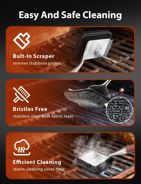 1 Bristle-Free Grill Brush for Outdoor Grill, Steam Cleaning Grill Brush Bristle Free with Replaceable Brush Heads