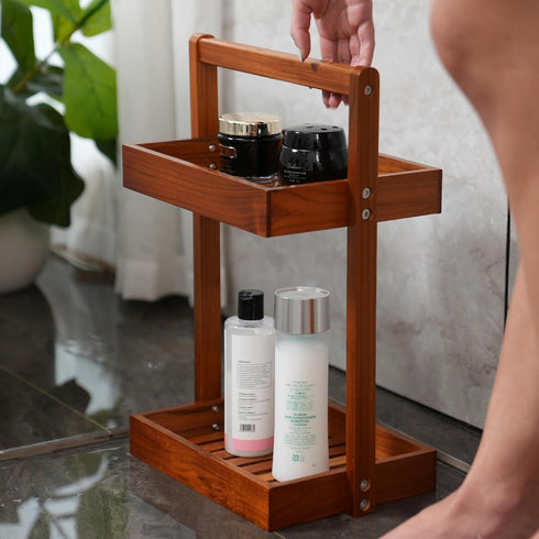 2 Countertop, Utoplike Teak Wood Shower Caddy Corner, Tier Bathroom Organizer Standing Shower Rack with Handle, Stand