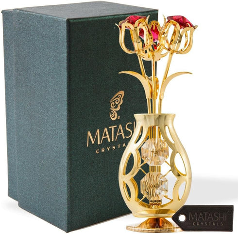 Matashi Gift for Mom - Flowers Bouquet Vase Ornament with Red and Clear Crystals, Home Decor Showpiece