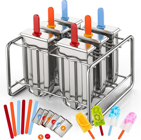 Jingmore Stainless Steel Pop Molds, 6 Round Head Metal Pop Molds with Holder