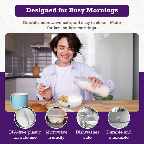 Just Crunch Anti-Soggy Cereal Bowl, 2 Pack - Keeps Cereal Fresh & Crunchy, BPA Free, Microwave Safe, White