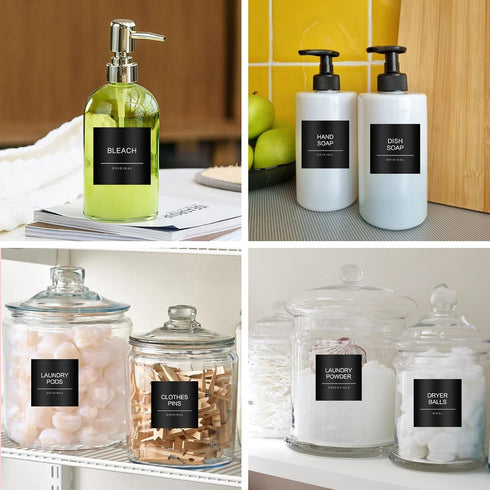 Minimalist Laundry Room Labels, 30 Matte Waterproof Labels for Jars and Detergent Dispensers, Black