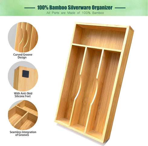 Bamboo Kitchen Drawer Silverware Organizer, 7 Inch Tray Holder for Small Drawer, 4-Slots for Flatware Storage