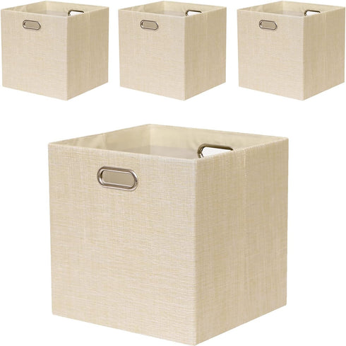 Cube Storage Bins 13×13 Linen - Foldable Box with Handles, Set of 4 for Closet, Shelf, Cabinet Organization