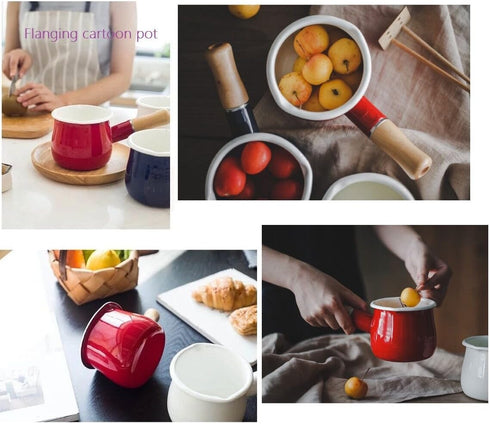 Enamel Milk Pot, Small 4 Inch 17 Oz Saucepan with Wooden Handle, Perfect for Heating Smaller Liquid Portions