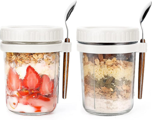 Melanaille 2 Pack Spoons,16 oz Overnight Oats Containers with Lids and Glass Mason Overnight Oats Jars,Reusable