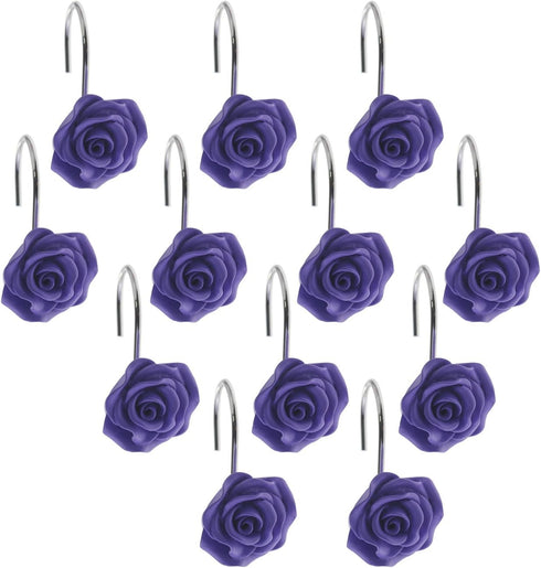 12 PCS Decorative Anti Rust Shower Curtain Hooks, Rose Design Shower Curtain Rings (Purple)
