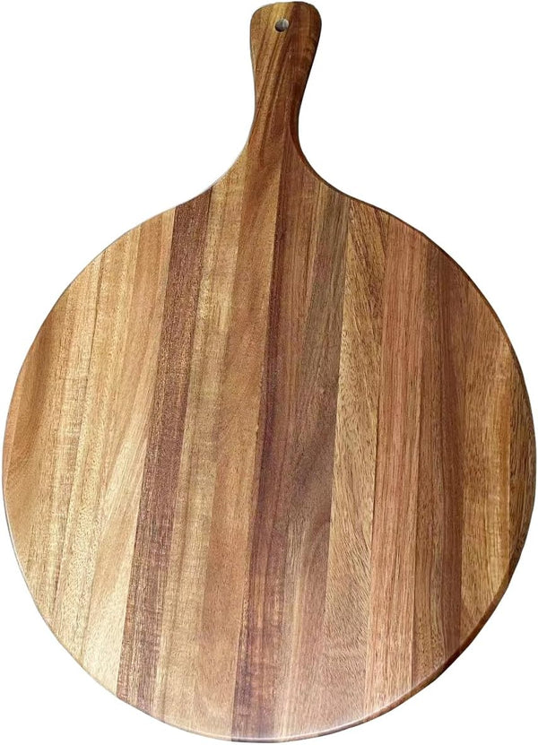 Acacia Wood Round Cutting Board with Handle - Versatile 16"x12" Wooden Charcuterie Board for Pizza, Bread, Cheese