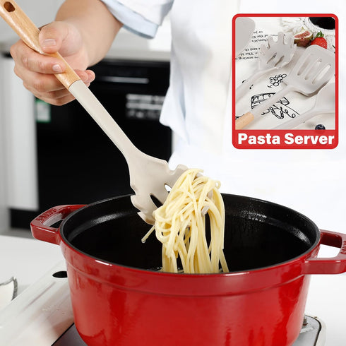 NCUE Large Non-stick Silicone Kitchen Utensils Set, 6 Pcs with Wooden Handle, BPA Free