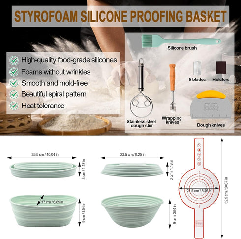 Silicone Banneton Bread Proofing Basket Oval, Sourdough Starter Kit, Bread Making Tool Supplies Accessories, Bowl for Rising Baking Round Brotform Set Homemade Essentials (Light Green)