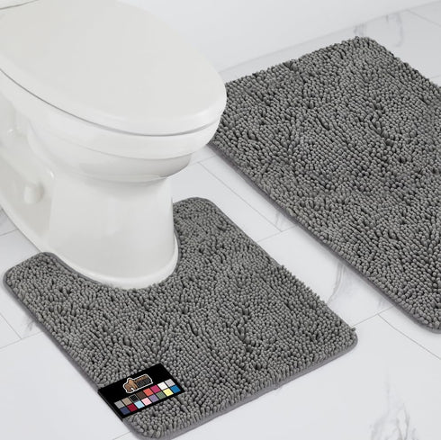 Gorilla Grip Bathroom Rug Sets - Soft Chenille 2 Piece Area Rugs, 30"x20" Carpet, Toilet Base Mat, Grey
