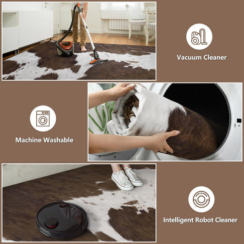 4x6 DweIke Cow Print Rugs for Living Room, Soft Brown Faux Animal Cowhide Area Rug, Washable Non-Slip Stain Resistant