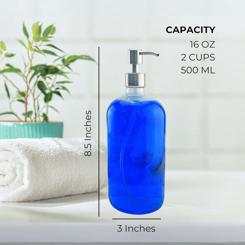 Cornucopia Brands 16-Ounce Clear Glass Bottles with Stainless Steel Pumps (2 Pack) - Great for Liquid Soaps & Essential