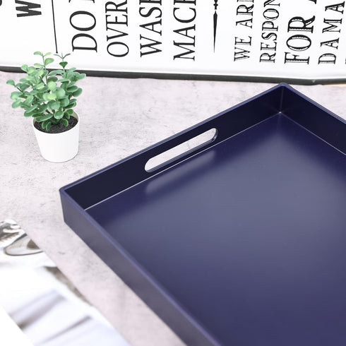 Counter, 11.8*15.7*1.6 Navy Blue Serving Tray for Coffee Table, Rectangular Plastic Decorative Tray with Handles