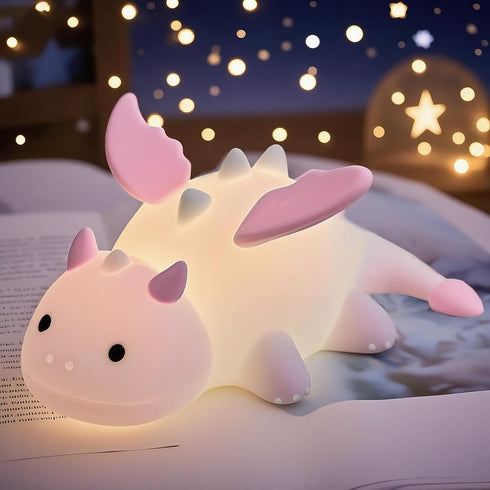 Dragon Night Light, Cute Pink Dragon Gifts, Soft Silicone Lamp with 3